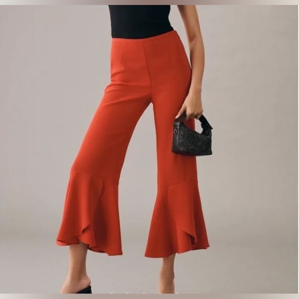 Maeve by Anthropology Red Late Night Frills Flare Pants Size 6